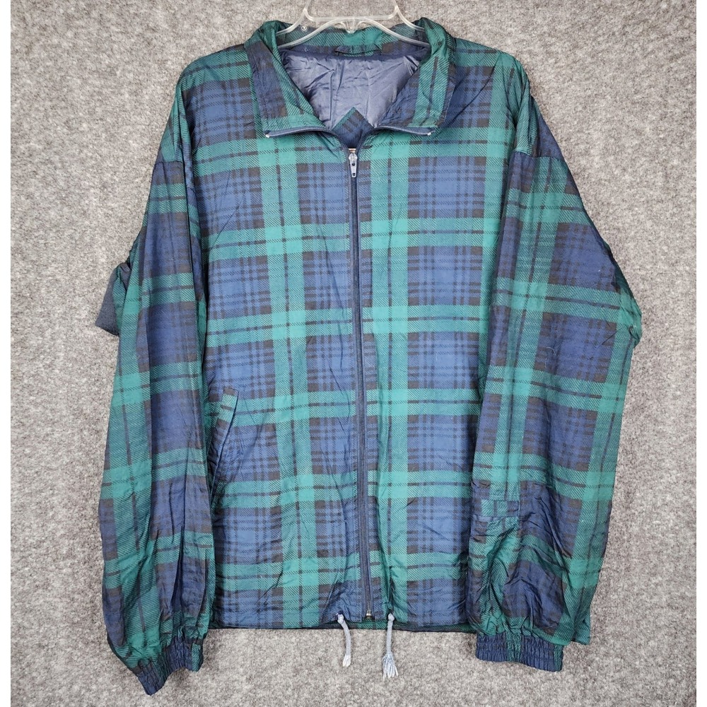 Slazenger Windbreaker Jacket Mens Large Green Blue Plaid Vintage Full Zip